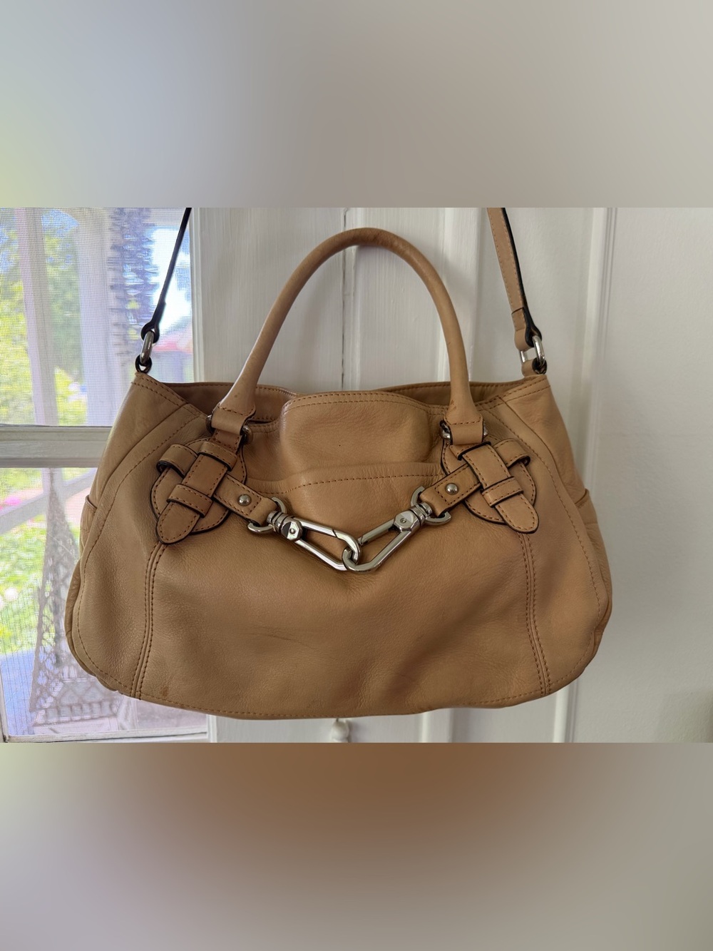 b. makowsky Tan Leather Shoulder Bag with Bridle Hardware